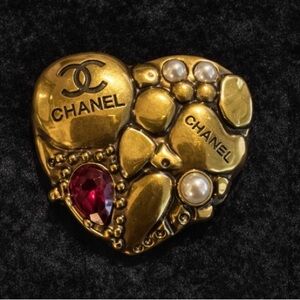 Designer Inspired Gold Heart Brooch with Red and Pearl Accents